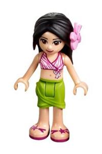 Friends Martina - Martina with lime wrap skirt, dark pink and white swimsuit top, and a bright pink flower - frnd199