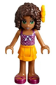 Andrea from Friends with a bright light orange layered skirt, magenta top with white polka dots and a bow, and a bright light orange flower - frnd208