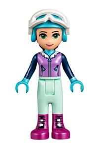 Friends Emma - Emma from LEGO Friends wearing light aqua trousers, a medium lavender ski vest, helmet, and goggles - frnd216