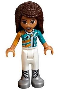 Friends Andrea - Andrea from LEGO Friends wearing white trousers and a bright light orange and dark turquoise racing jacket - frnd253