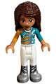 Andrea from LEGO Friends wearing white trousers and a bright light orange and dark turquoise racing jacket - frnd253