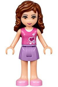 Friends Olivia - Olivia from Friends theme, wearing a medium lavender skirt, dark pink top with hearts and white undershirt, and lab safety glasses - frnd257