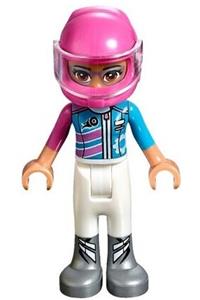 Friends Olivia - Olivia from Friends theme with white trousers, dark pink and dark azure racing jacket, and dark pink racing helmet with reddish brown ponytail - frnd268