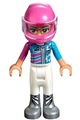 Olivia from Friends theme with white trousers, dark pink and dark azure racing jacket, and dark pink racing helmet with reddish brown ponytail - frnd268