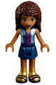 Andrea from Friends theme wearing a shiny blue vest over a magenta top, dark blue skirt, garish butterfly cape, magenta skirt, and gold boots with dark blue trim - frnd271