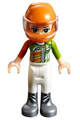 Mia from Friends theme with white trousers, lime and orange racing jacket, orange racing helmet, and dark red ponytail - frnd273