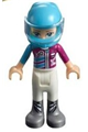 Stephanie from Friends wearing white trousers, a medium azure and magenta racing jacket, and a helmet - frnd277
