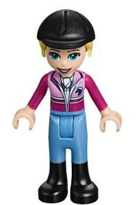 Friends Stephanie - Stephanie from Friends theme with medium blue pants, magenta jacket, riding helmet, bright light yellow ponytail - frnd285