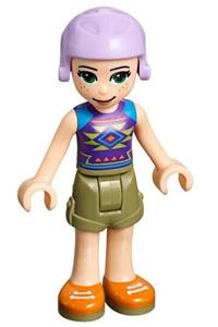 Friends Mia - Mia and Olive Green shorts with a dark purple top featuring diamonds and triangles, wearing a lavender ski helmet with red hair - frnd291