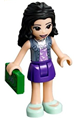 Emma from Friends theme, wearing a medium lavender top with white birds, a sand blue vest, and a dark purple skirt - frnd294