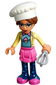 Olivia is wearing a sand green sweater with a bright yellow jacket, paired with a dark pink skirt and dark blue leggings, and a chef's toque - frnd295