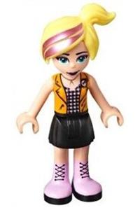 Friends Chloe - Chloe from Friends theme wearing a black skirt, silver top with black and bright pink squares, and bright light orange vest - frnd297