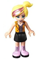 Chloe from Friends theme wearing a black skirt, silver top with black and bright pink squares, and bright light orange vest - frnd297
