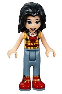 Friends Vicky - Vicky from Friends theme with black hair, wearing red shirt with bright light orange top and trousers with red boots and a bow - frnd299