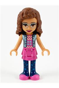 Friends Olivia - Olivia from Friends theme with dark pink skirt, dark blue leggings, dark pink top, blue jacket, and a bow - frnd332