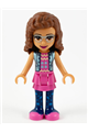 Olivia from Friends theme with dark pink skirt, dark blue leggings, dark pink top, blue jacket, and a bow - frnd332