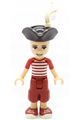 Zack wearing dark red cropped trousers with large pockets, a red and white striped shirt, and a pirate tricorne hat with a white plume - frnd336