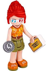 Friends Mia - Mia and Olive minifigure wearing orange and yellow top with lightning, 3-D glasses, and shorts - frnd369