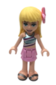 Stephanie from Friends wearing a bright pink layered skirt, metallic light blue wrap top, pearl dark gray sandals, and a flower - frnd381