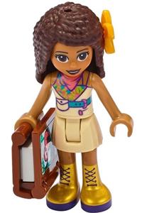 Friends Andrea - Andrea from Friends theme with a tan skirt, coral, lime, and medium azure top, gold boots, and a flower - frnd394