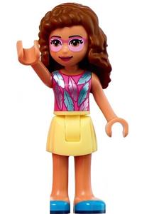 Friends Olivia - Olivia from Friends with a Bright Light Yellow skirt, Dark Pink top with feathers, and pink tinted glasses - frnd439
