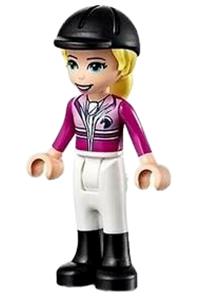 Friends Stephanie - Stephanie with white riding pants, magenta jacket, and a riding helmet with a bright light yellow ponytail - frnd458