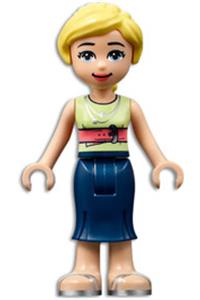 Friends Marisa - Marisa in a yellowish green shirt with coral belt, dark blue skirt, and silver sandals - frnd461