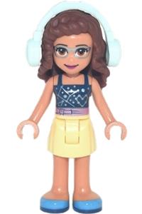 Friends Olivia - Olivia from Friends theme wearing a bright light yellow skirt, dark blue top with constellations, and light aqua headphones - frnd481