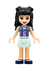 Friends Emma - Emma from Friends theme with black hair featuring braid buns and a flower, wearing an aqua skirt and sand blue vest - frnd482