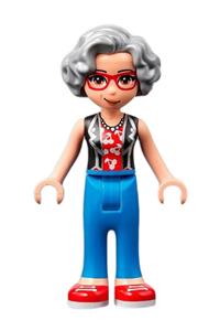 Friends Dottie, blue trousers with red shoes, black vest over red shirt with cherries frnd489
