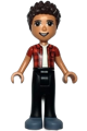 River is a friend wearing sand-blue shoes, black jeans, red checkered shirt, and a white undershirt - frnd499