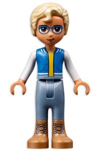 Friends Sebastian - Sebastian from Friends with medium nougat boots, sand blue trousers, blue vest with pockets, and yellow undershirt - frnd502