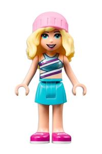 Friends Stephanie - Stephanie from Friends wearing a metallic light blue swimsuit top, medium azure skirt, and bright pink hat - frnd506