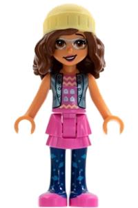 Friends Olivia - Olivia from Friends wearing a dark pink skirt, dark blue leggings, and a bright light yellow knit cap - frnd509
