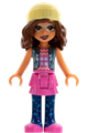 Olivia from Friends wearing a dark pink skirt, dark blue leggings, and a bright light yellow knit cap - frnd509