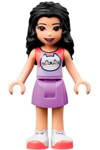 Friends Emma - Emma, Coral, and Lavender minifigures wearing a top with a cat head design, Lavender skirt, white shoes, and dark purple cat ears - frnd514