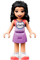 Emma, Coral, and Lavender minifigures wearing a top with a cat head design, Lavender skirt, white shoes, and dark purple cat ears - frnd514