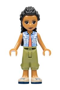 Friends Dr. Makena - Dr. Makena from Friends theme wearing olive green trousers, tan shoes, bright light blue vest over coral shirt - frnd528