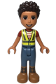 River is a friend wearing a neon yellow safety vest, sand blue trousers, and medium nougat boots - frnd541