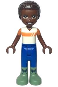 Friends Elijah - Elijah, wearing a white and orange shirt, blue trousers, and sand green boots - frnd554