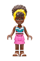 Nandi from Friends theme in a white and dark turquoise tank top, dark pink skirt, white sandals, and yellow head wrap - frnd555
