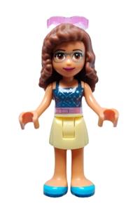 Friends Olivia - Olivia from Friends theme wearing a bright light yellow skirt, dark blue top with constellations, and trans-dark pink sunglasses - frnd563
