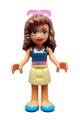 Olivia from Friends theme wearing a bright light yellow skirt, dark blue top with constellations, and trans-dark pink sunglasses - frnd563