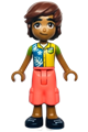 Leo from Friends theme wearing a dark azure, yellow, and lime shirt, coral trousers with large pockets, and dark blue shoes - frnd581