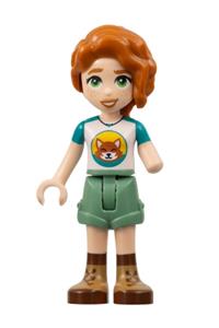Friends Autumn - Autumn wearing a dark turquoise and white top with a fox, sand green shorts, nougat and reddish brown boots - frnd584