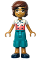Leo, a chef friend, wearing a white and coral shirt with sprinkles, dark turquoise trousers with large pockets, and dark blue shoes - frnd593