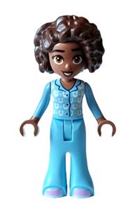Friends Aliya - Aliya in bright light blue pajamas with a top featuring white horseshoes and dots, paired with lavender shoes - frnd602
