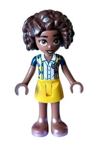 Friends Aliya - Aliya from Friends theme wearing a dark blue vest over white blouse, yellow skirt, and metallic pink sandals - frnd609