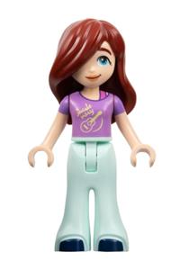 Friends Paisley - A Friends minifigure wearing a medium lavender shirt with a guitar, light aqua bell-bottom trousers, and dark blue shoes - frnd617