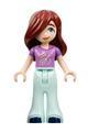 A Friends minifigure wearing a medium lavender shirt with a guitar, light aqua bell-bottom trousers, and dark blue shoes - frnd617